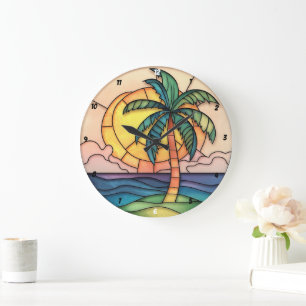 Pastell gestanztes Glas tropischer Sonnenuntergang Große Wanduhr