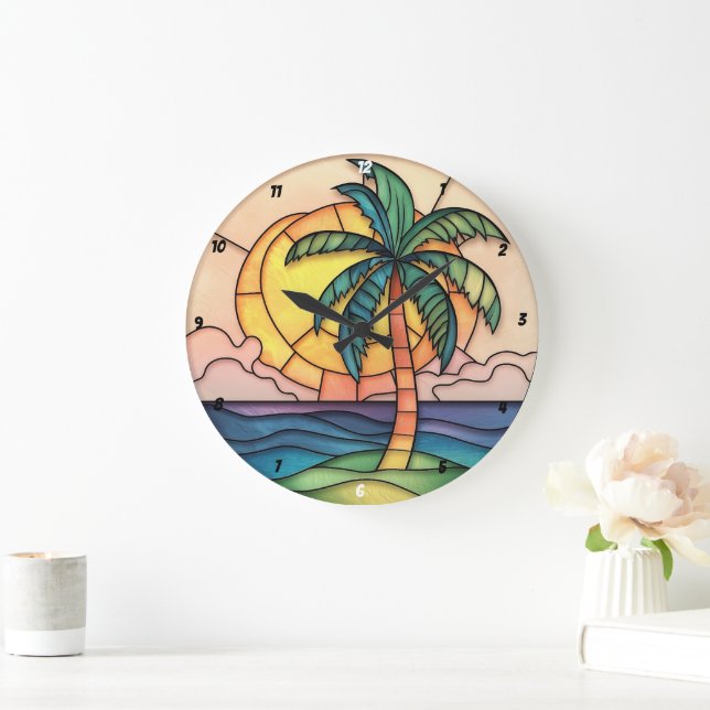 Pastell gestanztes Glas tropischer Sonnenuntergang Große Wanduhr (Zuhause)