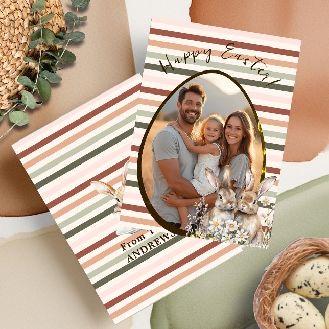 Pastell gestreifte Bunnies & Foto Feiertagskarte (Pastel Striped Bunnies & Egg Photo Holiday Card)