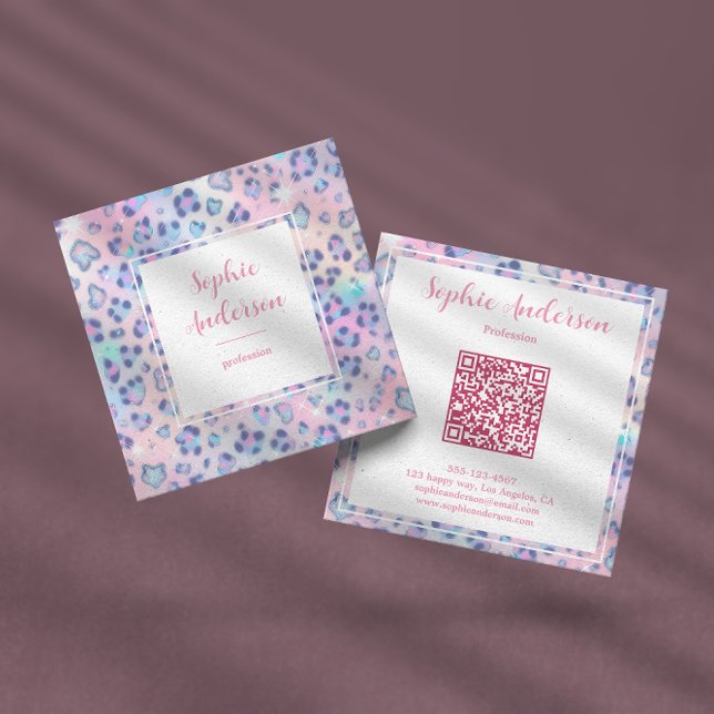 Pastell Glitter Leopard Print mit QR-Code Quadratische Visitenkarte (Von Creator hochgeladen)