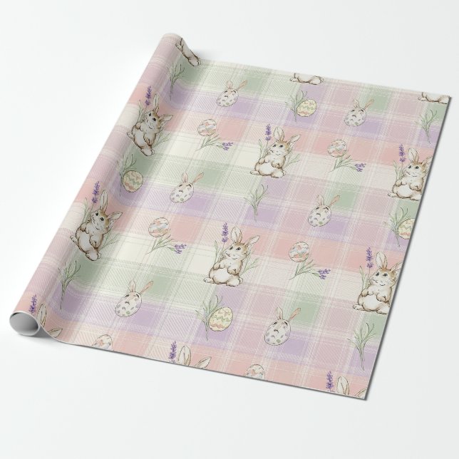 Pastell-Hasen-Ei-Gingham-Frühlingsmuster Geschenkpapier (Ungerollt)