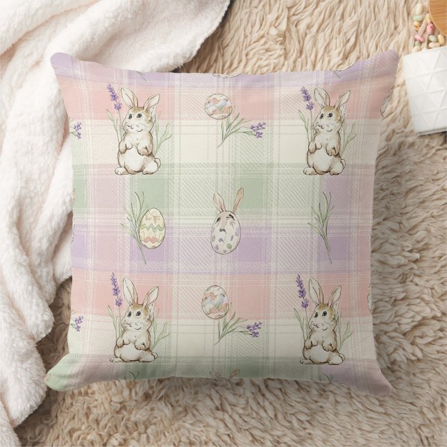 Pastell-Hasen-Ei-Gingham-Frühlingsmuster Kissen (Decke)