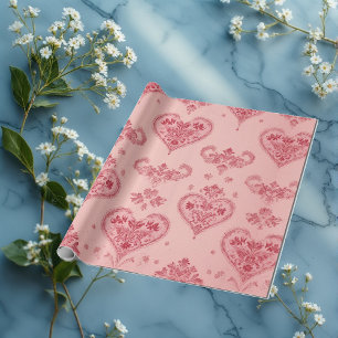 Pastell-Herz-Motive Zarte Blumen Romantischer Stil Geschenkpapier