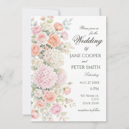 Pastell-Hortensien und Rosen. Budget-Hochzeit Einladung
