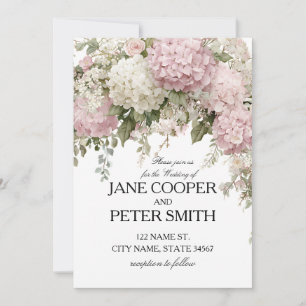 Pastell-Hortensien und Rosen Budget-Hochzeit Einladung