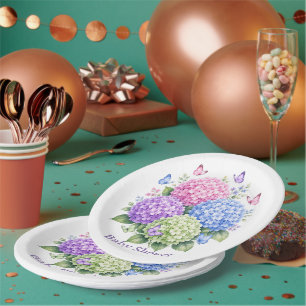 Pastell-Hortensien und Schmetterlings-Baby-Party Pappteller