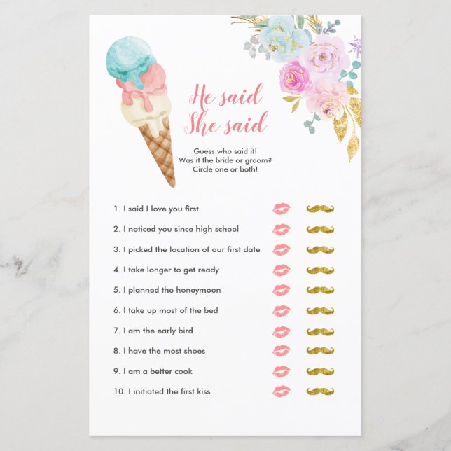 Pastell Ice Cream Floral Er sagte, sie sagte Game  (Vorderseite)