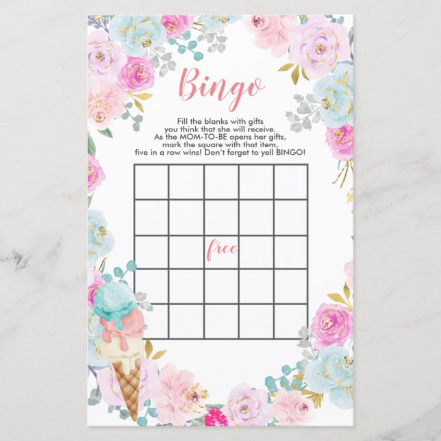 Pastell Ice Creme Blume Babydusche Bingo Game (Vorderseite)