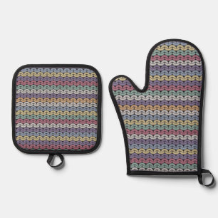 Pastell Imitats Strick Streifen Ofenhandschuh & Topflappen-Set