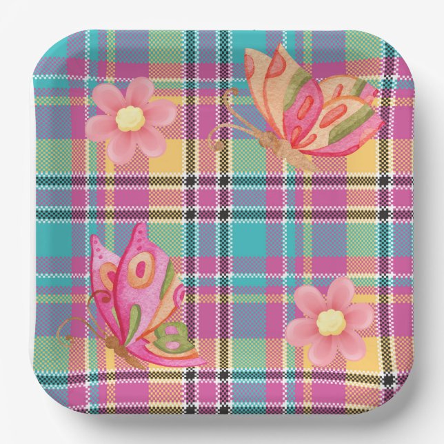 Pastell kariert mit Schmetterlingen und Blume Pappteller (Vorderseite)