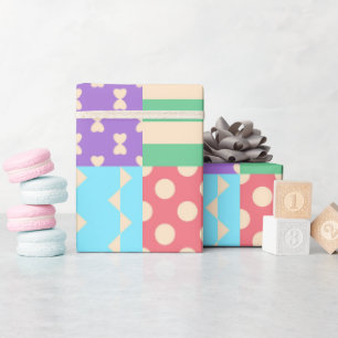 Pastell-Karo-Streifen-Schleife-Punkte-Geometrisch Geschenkpapier