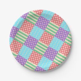 Pastell-Karo-Streifen-Schleife-Punkte-Geometrisch Pappteller