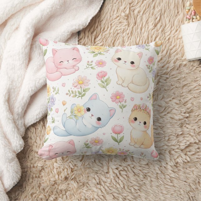 Pastell Kätzchen und Blumenmuster-Wurfkissen Kissen (Decke)