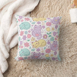 Pastell Kawaii Katzen und Blumen Dekorativ  Kissen