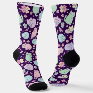 Pastell Kawaii Katzen und Frühlingsblumen Muster  Socken
