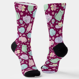Pastell Kawaii Katzen und Frühlingsblumen Muster Socken