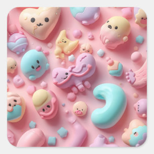Pastell-Kawaii-Süßigkeiten-Charakter-Kunst Quadratischer Aufkleber