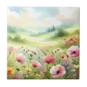 Pastell-Landschaft einer Wildblumenwiese Fliese