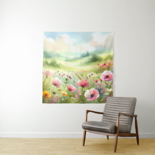 Pastell-Landschaft einer Wildblumenwiese Wandteppich