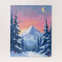 Pastell-Landschaft mit Winterberg in Aquarell