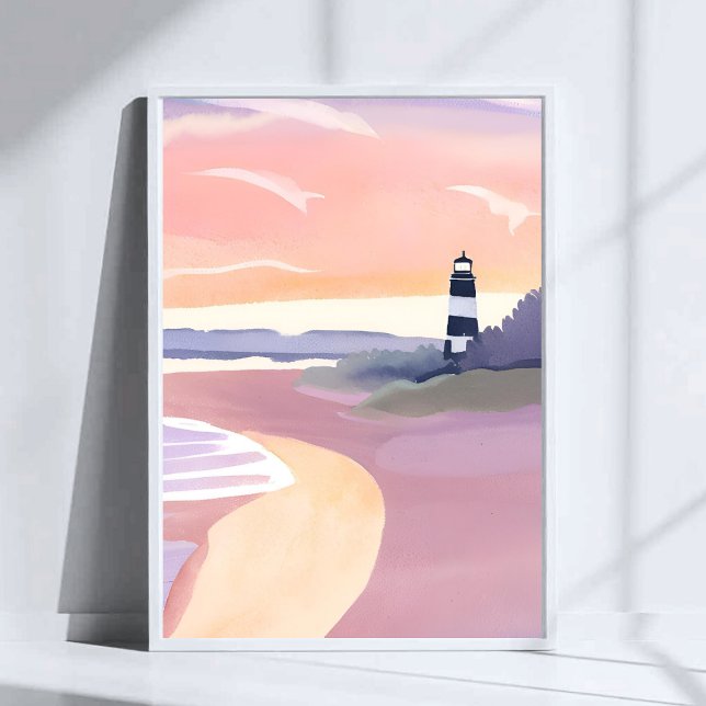 Pastell-Leuchtturm | Küstenstrand Wasserfarbe Poster (Von Creator hochgeladen)