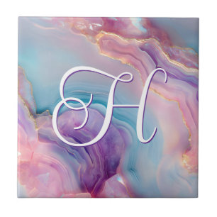 Pastell-Lila-Blau-Rosa-Achat-Monogramm Fliese