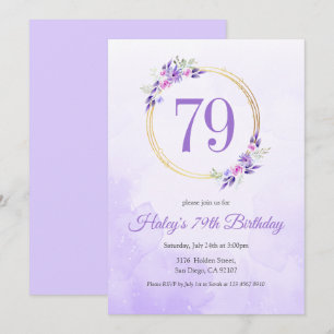 Pastell-Lila-Blumen-Goldener-Kranz 79. Geburtstag Einladung