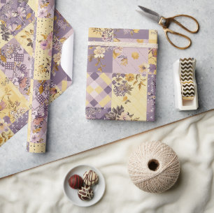 Pastell-Lila-Gelb-Quilt-Gingham-Cottagecore Geschenkpapier