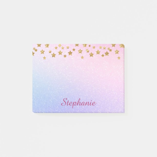Pastell Lila Pink Glitzer Gold Stars Post-it Klebezettel (Vorderseite)