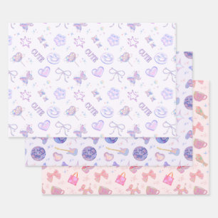 Pastell-Lila-Rosa Y2K-Ästhetik-Kitsch-Muster Geschenkpapier Set