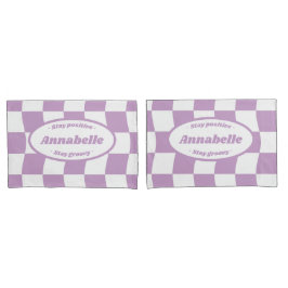 Pastell Lila Weißer Schachbrett Name Kissenbezug
