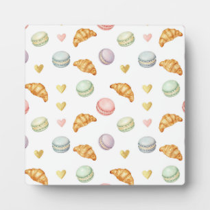 Pastell-Macarons und Croissants nahtloses Muster Fotoplatte