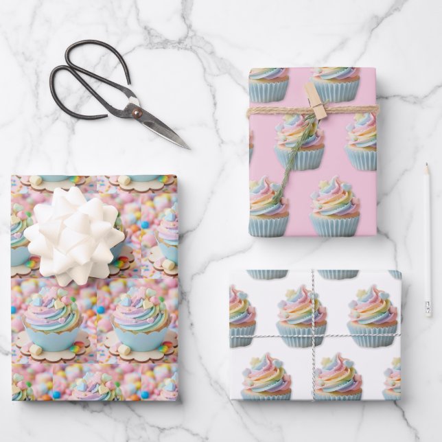 Pastell-Marshmallow-Regenbogen-Cupcake-Geburtstag Geschenkpapier Set (Vorderseite)