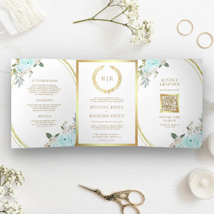 Pastell-Mint-Rosen Alles-in-Einem-QR-Code-Hochzeit Dreifach Gefaltete Einladung