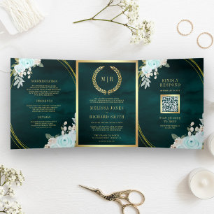 Pastell-Mint-Rosen Alles in Einem QR-Code Türkise  Dreifach Gefaltete Einladung