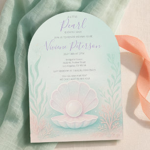 Pastell-Mint- und Korallen-Little-Pearl-Baby-Party Einladung