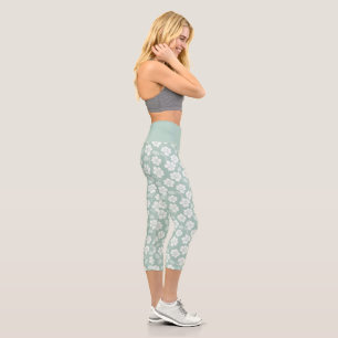 Pastell-Mintgrün-weiße Blumen-Yoga-Übung Capri Leggings