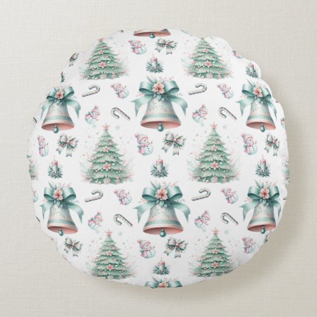 Pastell Minze und Rosa Weihnachten Nahtlose Muster Rundes Kissen (Vorderseite)