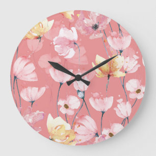 Pastell-Mohnblumen: Nahtloses Wasserfarben-Blumenm Große Wanduhr
