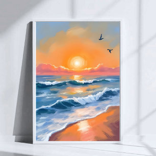 Pastell-Ozean-Sonnenuntergang-Aquarell-Strand-Gemä Poster