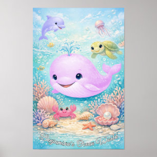 Pastell-Ozean-Tiere Mädchen Wal Delfin Schildkröte Poster