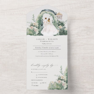 Pastell Paar Blumen Garten Tor Botanische Hochzeit All In One Einladung