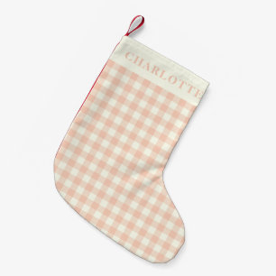 Pastell-Pfirsich-Gingham-Buffalo-Karo-Plaid-Name Kleiner Weihnachtsstrumpf