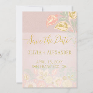 Pastell-Pfirsich-Gold-Blumen-Hochzeit im Frühlings Save The Date