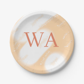 Pastell-Pfirsich-Orange-Weiß-Monogramm Retro-Bold- Pappteller