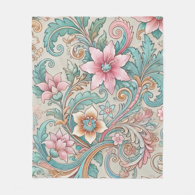 Pastell Pink Aquamarin Boho Batik Floral Wasserfar Fleecedecke (Vorderseite)