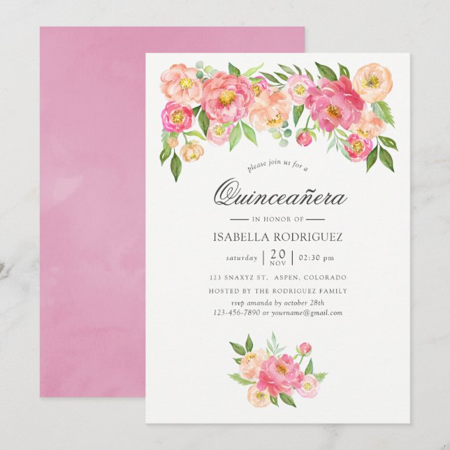 Pastell Pink Aquarellbäume Quinceañera Einladung (Vorne/Hinten)