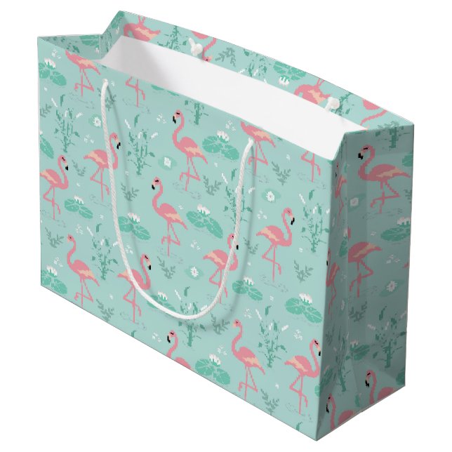 Pastell Pink Flamingos Muster Große Geschenktüte (Rückseite Schrägansicht)
