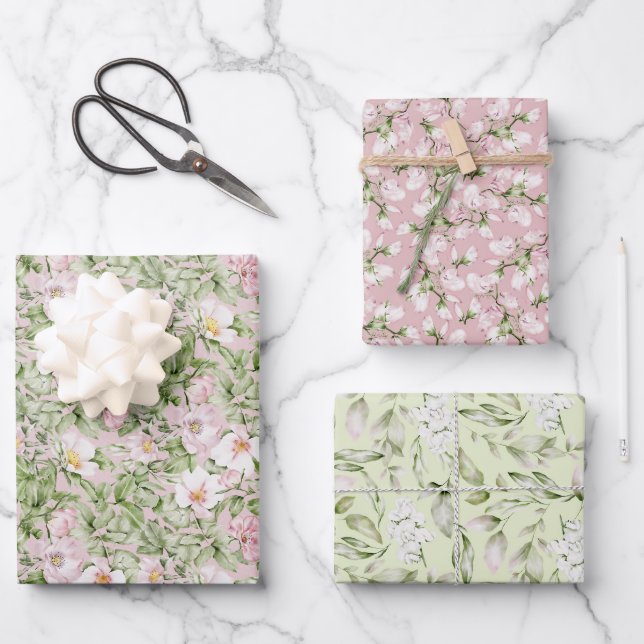 Pastell Pink Green Floral Geschenkpapier Set (Vorderseite)