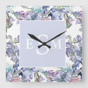 Pastell-Pink-Lila-Staubblau-Blumen-Monogramm  Quadratische Wanduhr